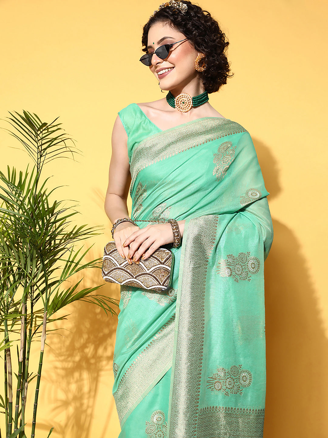 Women's Cotton Blend Turquoise WovenDesign CelebritySaree With Blouse Piece