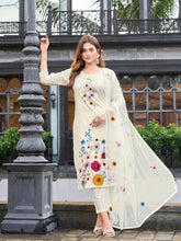 Off whithe color pur cotton with colourful thread embroidered kurta & trouser with dupatta set