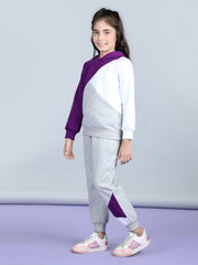 Girls Purple and White Color Blocked Tracksuit