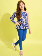Girls Blue floral Printed One Shoulder top and Jeggings Set