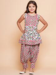 Girls Off white Printed Short Kurta with Afgani Salwar