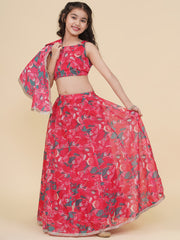 Girls Pink & Green Printed Choli Cape style Pink Ready to Wear Lehenga.
