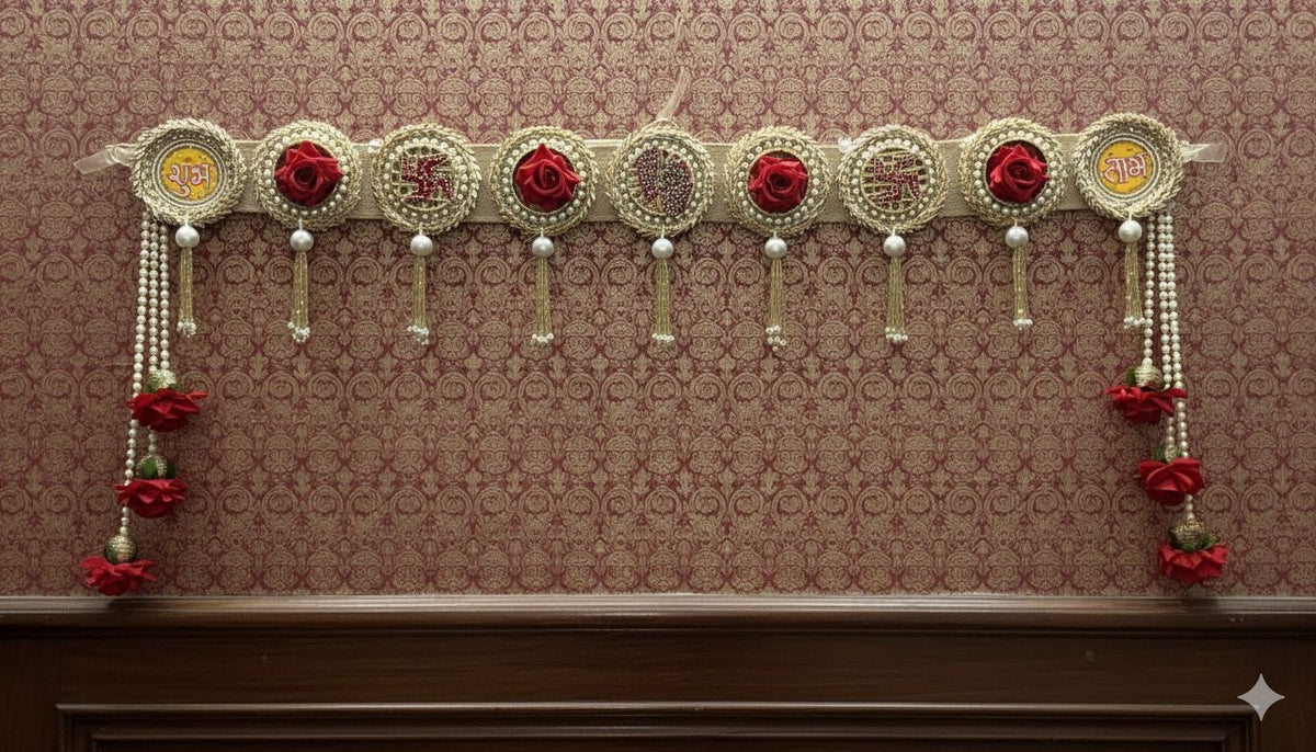 Traditional Handcrafted Toran Door Hanging with Red Roses, Gold Metallic Trim, Pearl Beads, Decorative Wall Decor for Indian Festivals