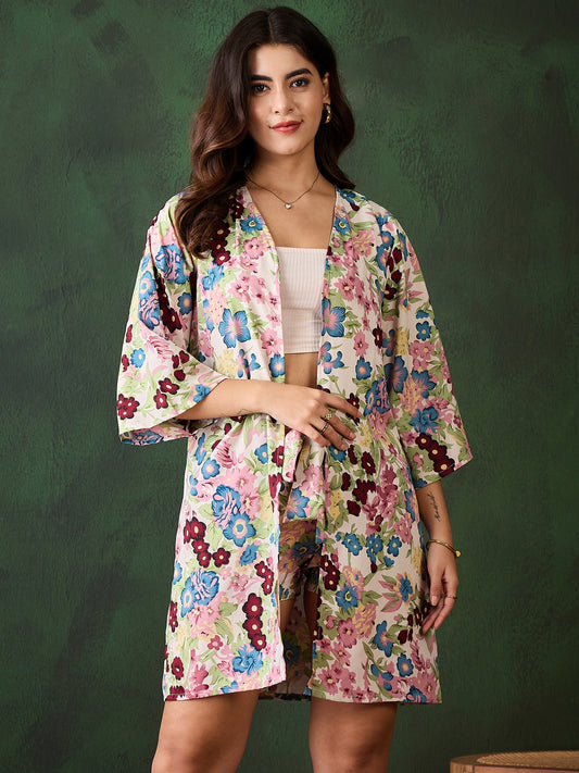 Women's Floral Printed Crepe Shrug and Shorts Set