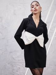 Shirt Collar Long Sleeves Scuba Bow Detail Sheath Dress