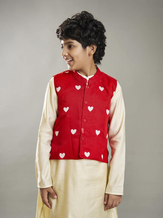 Boys off white kurta pajama with a red embroidery jacket