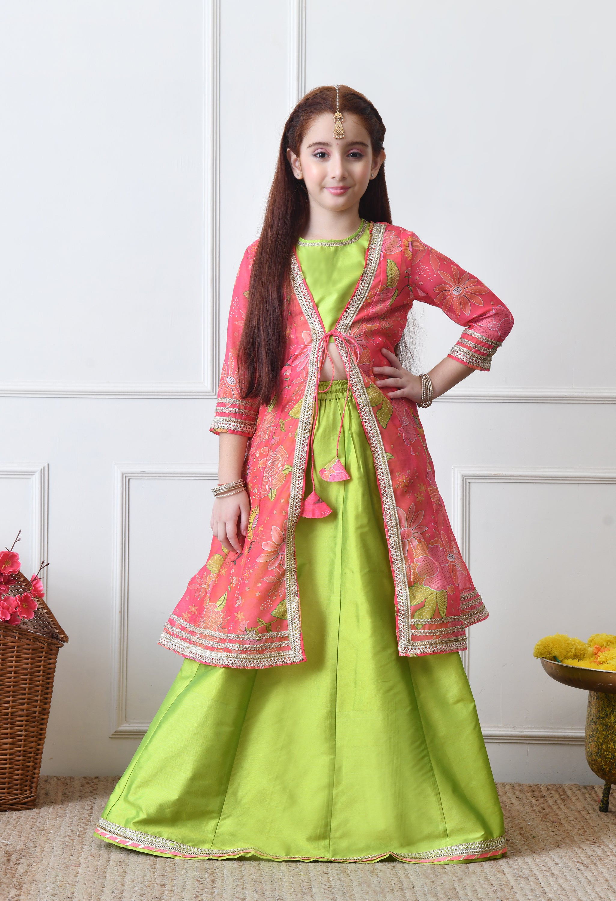 Girls’ Lime Green Lehenga with Coral Pink Floral Jacket Set