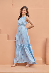 Light Blue Tiered Fit Satin Maxi Dress