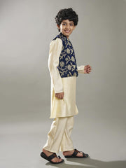 Boys off white kurta pajama with a blue jacquard jacket