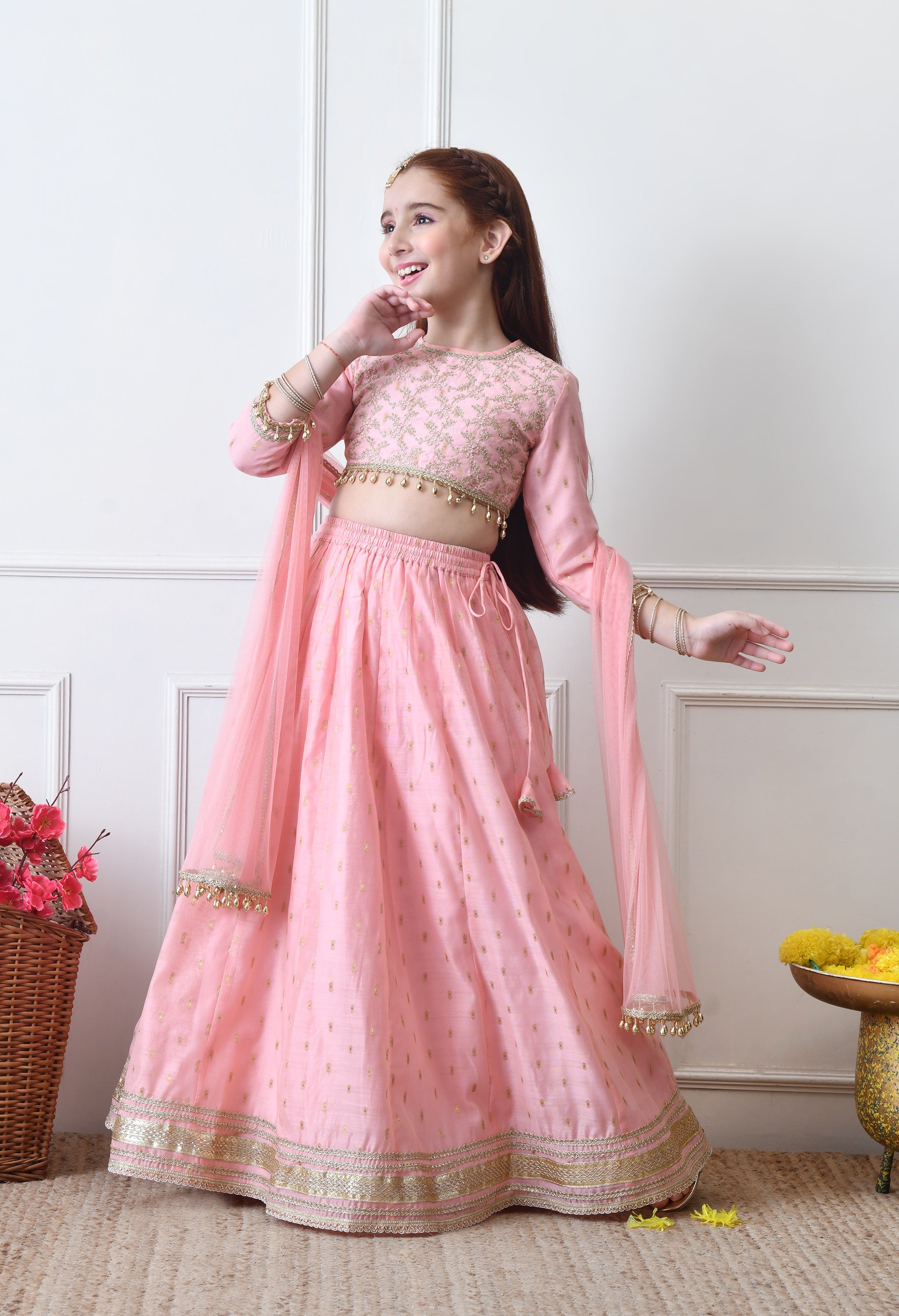 Girls Pink Embroidered Lehenga Choli Set with Net Dupatta