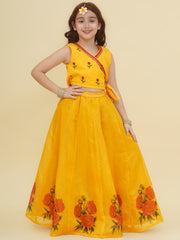 Girls Yellow Embroidered Choli & Yellow Digital Flower Print Ready to Wear Lehenga