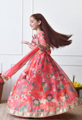 Girls Coral Floral Printed Lehenga Choli Set with Net Dupatta