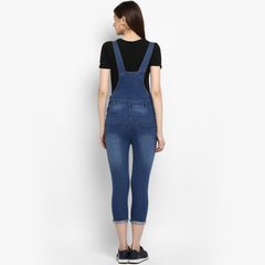 Women's Distressed Stretchable Denim Capri Style Dungarees(inner not provided)