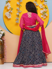 Girls Pink with Embroidered Choli, Navy Blue Bandhani Print Lace work Lehenga with Dupatta