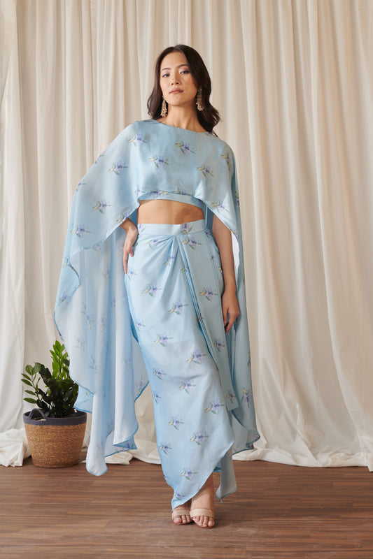 Sky Blue Cape Sleeved Top & Slit Skirt Set