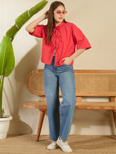 Women's Front Tie Up Red Cotton Top
