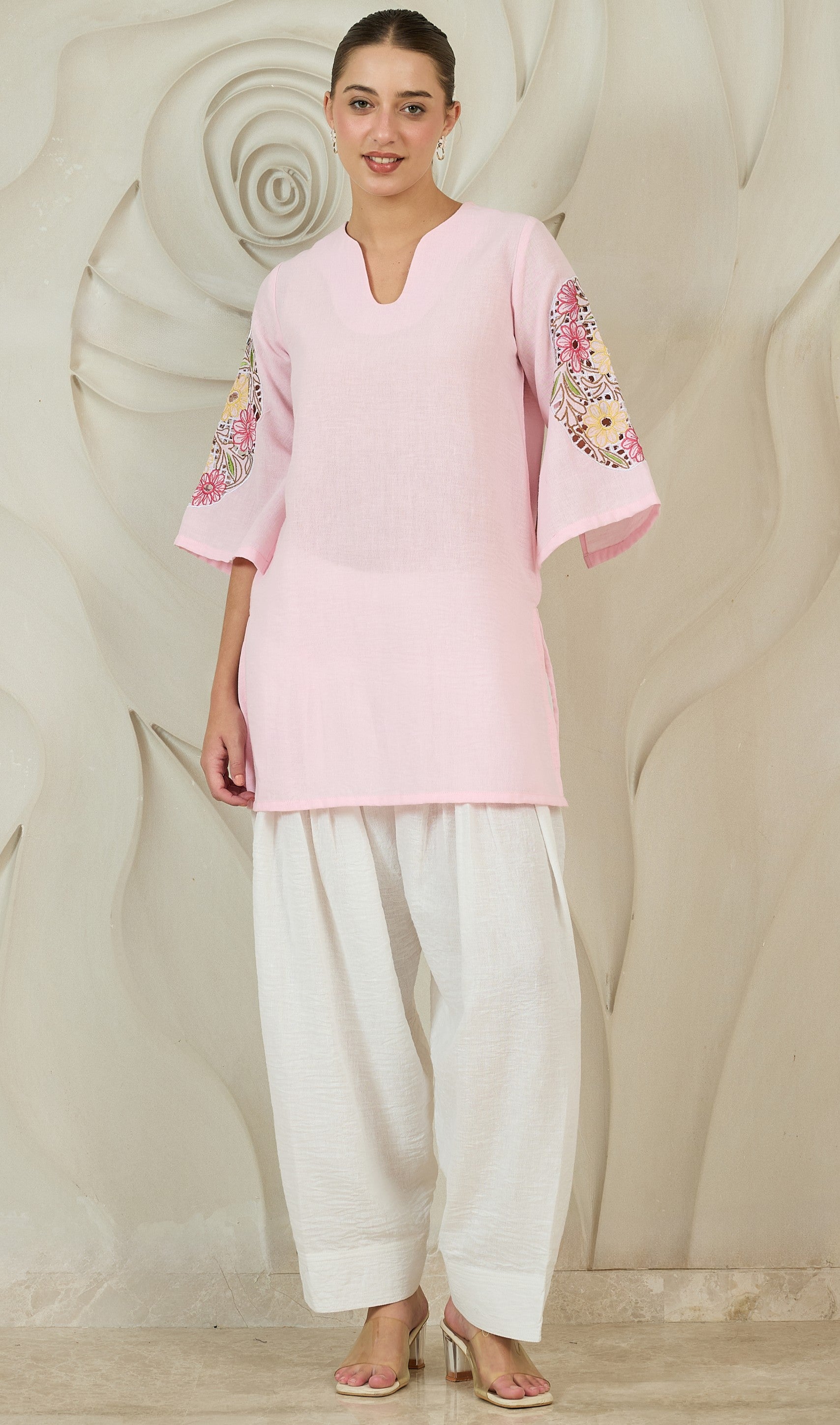 Women Pink Cutwork Embroidered Kurta and Farshi Salwar Set