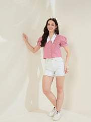 Women's Red Check Shirt with Pointed White Collar