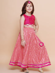Girls Pink Embroidered Choli Peach Jaal foil printed Lehenga With Dupatta