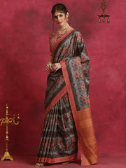 ساري نسائي رمادي مطبوع بتصميم أنيق من مزيج القطن مع قطعة بلوزة