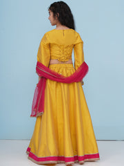 Girls Boho Design Yellow Pink Embroidered Choli & Ready to Wear Lehenga With Dupatta.