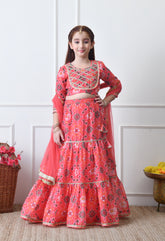 Girls Peach Printed Lehenga Choli Set with Embroidered Yoke and Dupatta