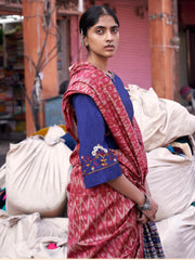 ساري نسائي وردي مطبوع من مزيج الحرير مع قطعة بلوزة