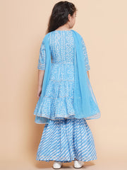Placement Print Three-Fourth Sleeves Above Knee Length Cotton Kurta & Sharara With Dupatta - Blue