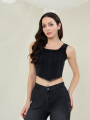 Women's Black Denim Corset Style Crop Top