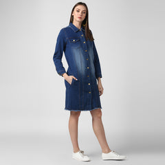 Women's Navy Blue Long Overcoat Style Denim Jacket with Washed effect