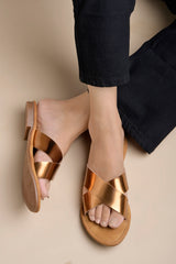 Shoetopia - Embellished Cross Strap Copper Flats For Women