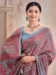 ساري نسائي رمادي مطبوع من الكريب مع قطعة بلوزة