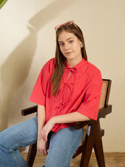 Women's Front Tie Up Red Cotton Top