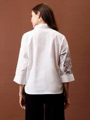 Roll-Up Sleeves Applique Cotton Shirt Style Top