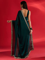 Women's Satin Teal blue Embellished Designer Saree With Blouse Piece