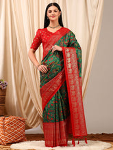 ساري نسائي أخضر مطبوع مطبوع من مزيج القطن مع قطعة بلوزة