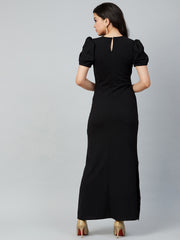 Women Embroidered Puff Sleeve Sheath Maxi Dress