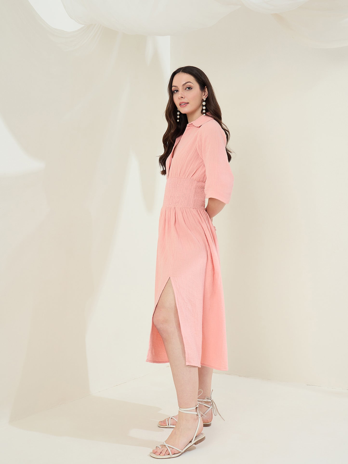 StyleStone Women's Pink Cotton Gauze Dress with Waist Smocking