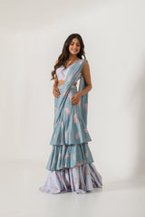 Aqua Blue & Slate Grey Ruffle Saree