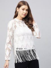 بلوزة نسائية بيضاء شفافة من الدانتيل مع شراشيب (البطانة الداخلية غير متوفرة)