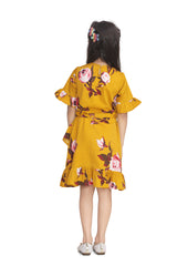 Girls Mustard FloralPrint Dress with Ruffle