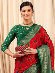 ساري نسائي أحمر مطبوع مطبوع من مزيج القطن مع قطعة بلوزة