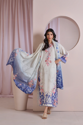 Mint and Blue Floral muslim Lawn Suit with Dupatta
