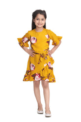 Girls Mustard FloralPrint Dress with Ruffle