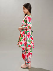 Girls Peach Multi Floral Printed Cotton Kurta with Trousers set