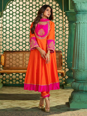 Orange And Pink Embroidered Anarkali Kurta Set