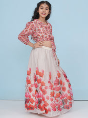 Girls Indo-Western Grey & Pink Tulip Flower Digital Printed Lehenga Choli.