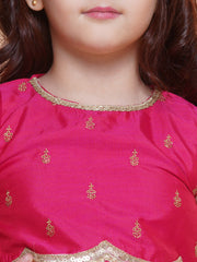 Girls Pink Embroidered Choli Peach Jaal foil printed Lehenga With Dupatta