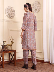 Women Camel Brown Printed Winter High-Low Co-Ord Set