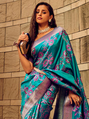 Women's Satin Silk Teal blue Woven Design Designer Saree With Blouse Piece